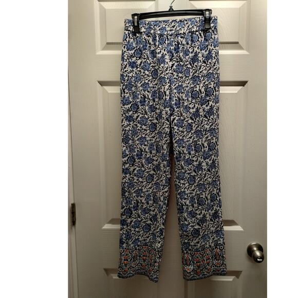 Talbots Size 4 Blue White Paisley Floral Straight Leg Pull-On Elastic Waist Pant - Picture 1 of 5